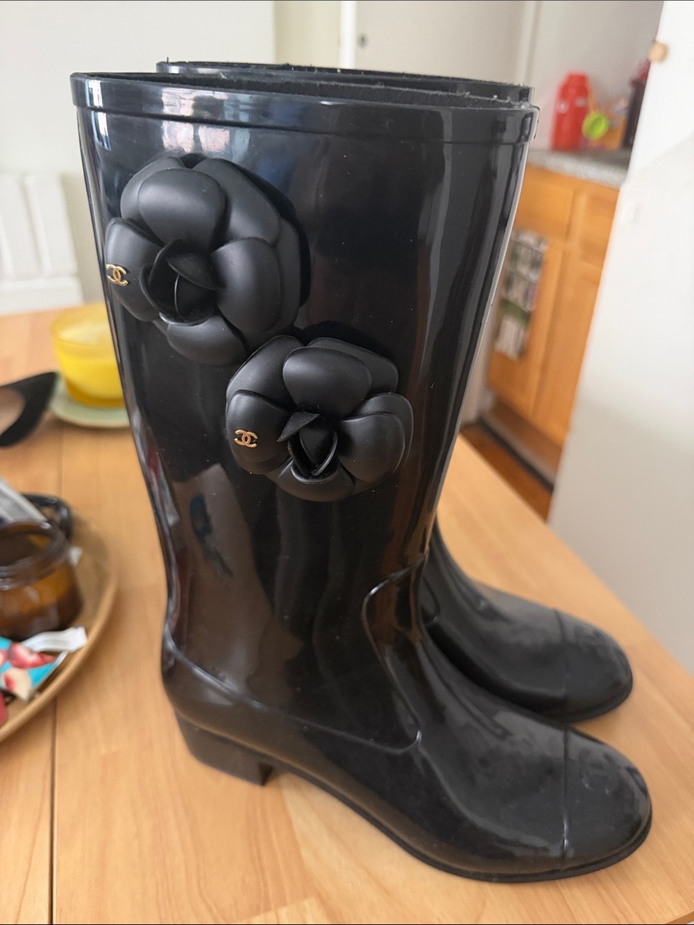 CHANEL Black Gloss Camellia-Embellished Rain Boots